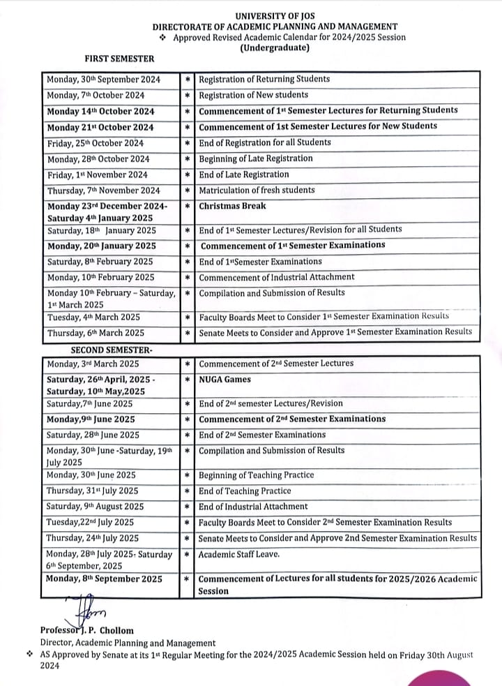 Revised Unijos Academic Calendar